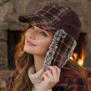 Plaid Wool Earflap Cap  Faux Fur Lining Grace Hats Adjustable Plum Pink Green
